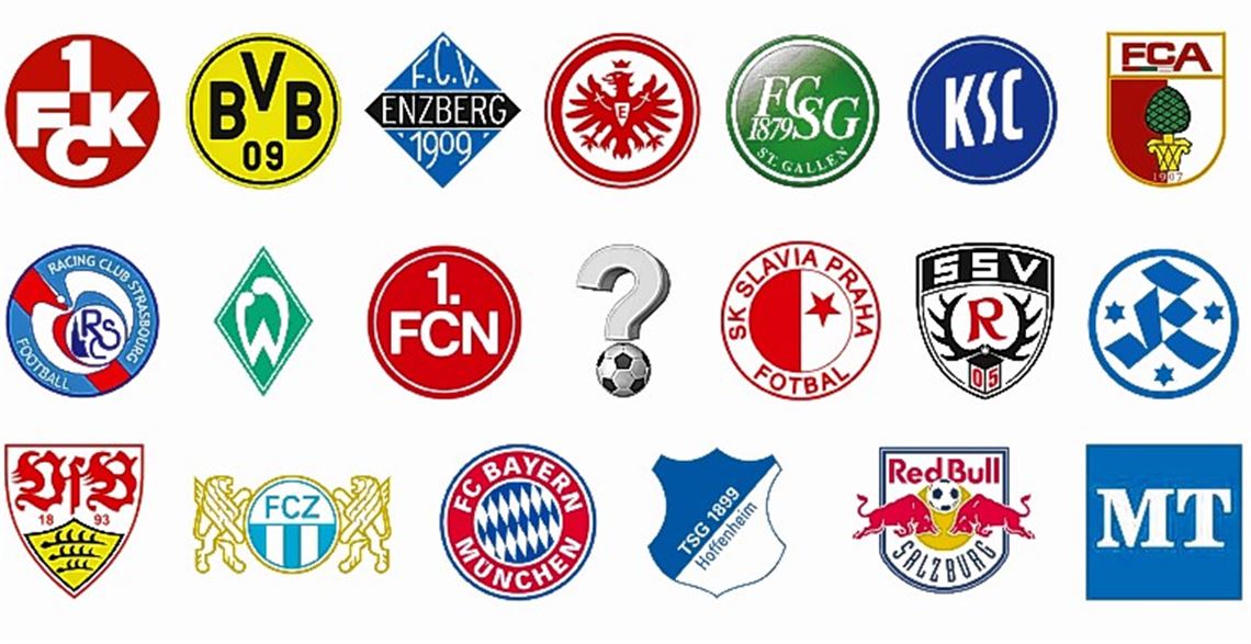 20 Mannschaften werden am Pretema Cup teilnehmen: 1. FC Kaiserslautern, Borussia Dortmund, Viktoria Enzberg, Eintracht Frankfurt,FC Sankt Gallen, Karlsruher SC, FC Augsburg (oben v.li.); Racin Club de Strasbourg, Werder Bremen, 1. FC Nürnberg, ein noch unbekannter Qualifikant, SK Slavia Prag, SSV Reutlingen, Stuttgarter Kickers (MItte v.li.); VfB Stuttgart, FC Zürich, FC Bayern München, TSG 1899 Hoffenheim, Red Bull Salzburg und eine regionale U11-Auswahl des Mühlacker Tagblatt. Montage: Kühn