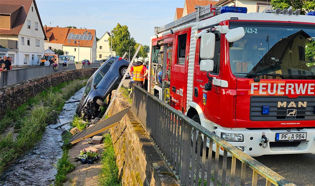 Absturz: Der Renault der 30-Jährigen bleibt senkrecht an die Mauer gelehnt im Kanal liegen. Fotos: Einsatz-Report 24