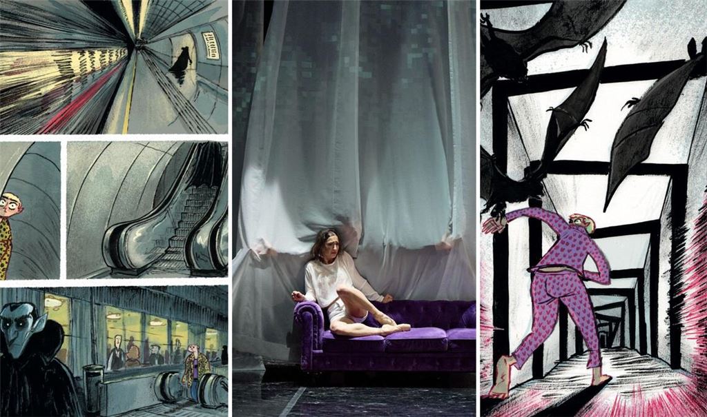 Achtung, sie sind unter uns: Zwei Seiten aus André Breinbauers in Wien spielender Graphic Novel „Blutsauger“ rahmen eine Szene aus Kenneth Tindalls Ballett „Dracula“, das am Badischen Staatstheater herauskam.