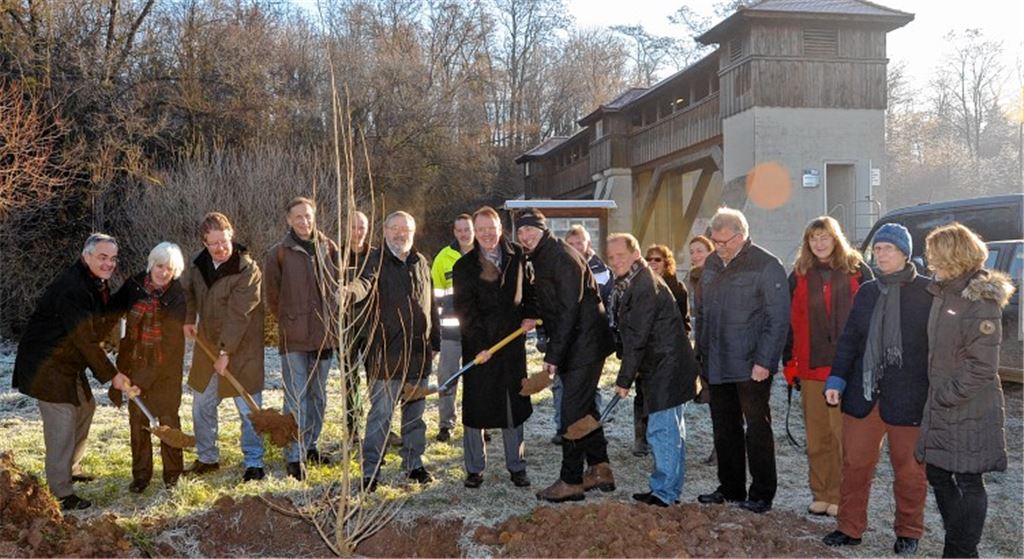 Aktiver Naturschutz: Vertreter des Arbeitskreises, der Stiftung, der EnBW, der Stadt Mühlacker und des Enzkreises pflanzen am Flusskraftwerk in Mühlhausen junge Neckar-Schwarzpappeln.