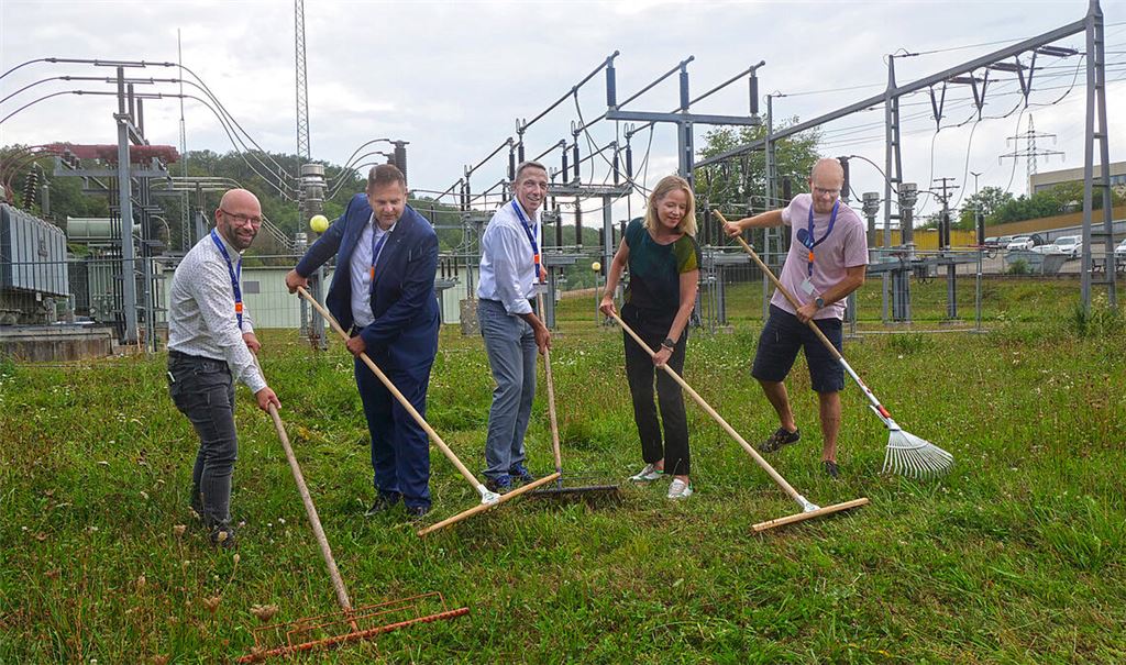Alexander Kozel, Oliver Simonek, Steffen Ringwald, Thekla Walker und Matthias Wucherer (v.li.) rechen symbolhaft das frische Mähgut der Blühwiese zusammen. Foto: Friedrich
