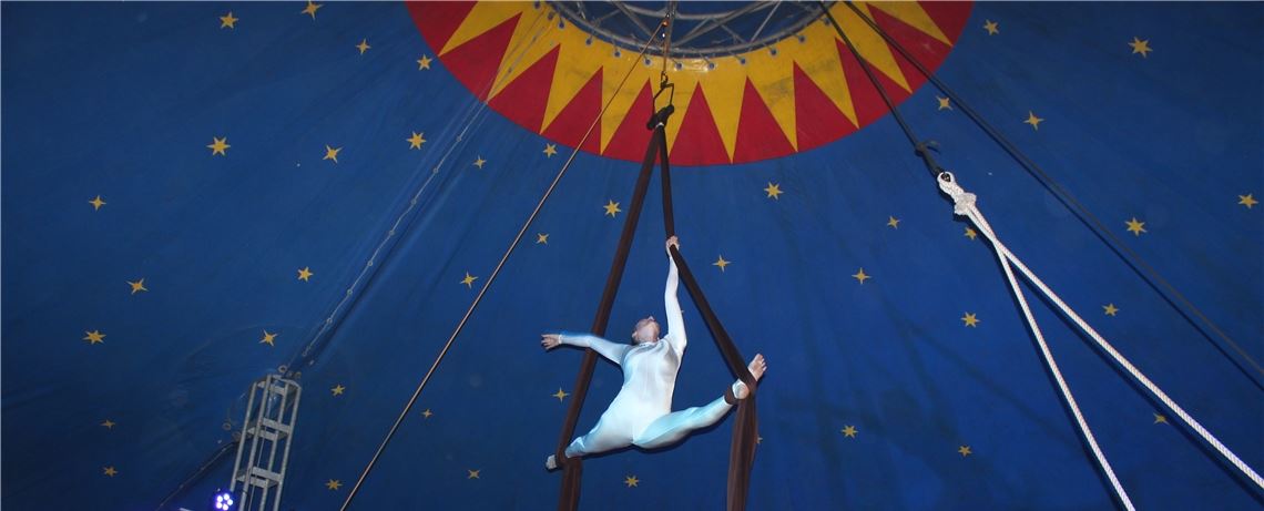 Alle Augen nach oben: Kinga Csermely bietet am Vertikaltuch eine spektakuläre Übung. Fotos: Gießler