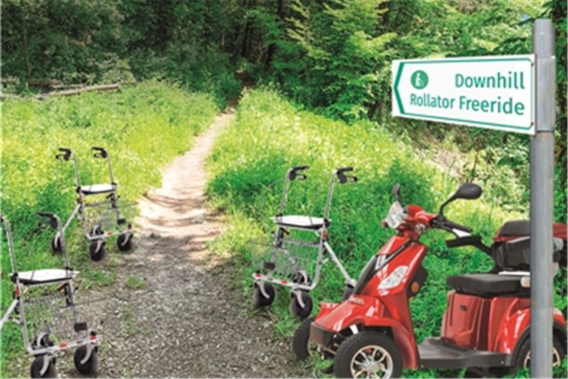 Als Ersatz für einen Mountainbike-Trail wird im Mai am Rande des Ziegeleigeländes eine Rollator-Downhill-Strecke eingeweiht. Fotomontage: MT