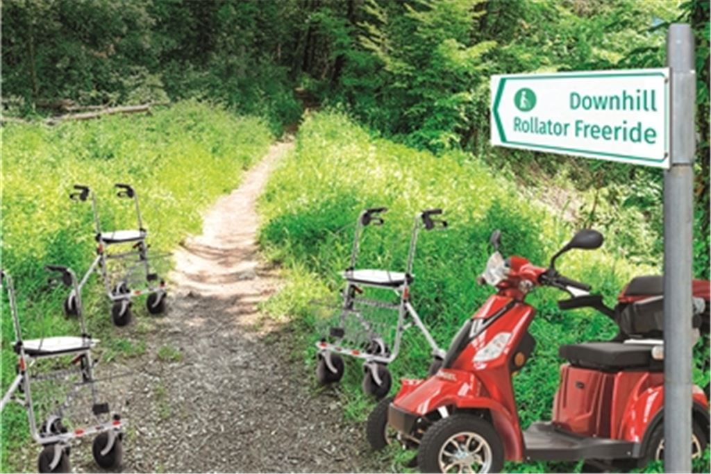 Als Ersatz für einen Mountainbike-Trail wird im Mai am Rande des Ziegeleigeländes eine Rollator-Downhill-Strecke eingeweiht. Fotomontage: MT