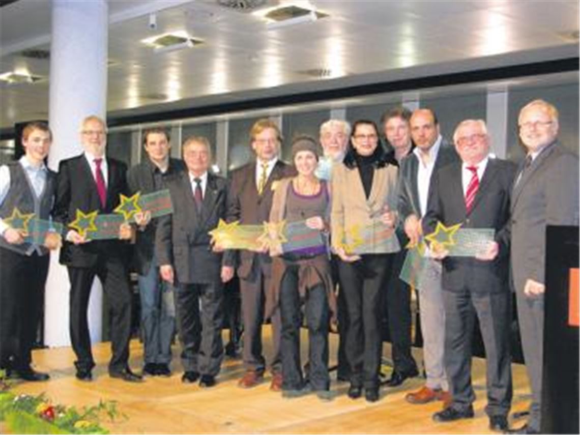 Als Glanzlichter ehrt Enzkreis-Landrat Karl Röckinger (re.) Michael Rettig (v. li.), Helmut Riegsinger und Alexei Grigoriev (KTV Straubenhardt), Dieter Uber und Claus Kuge (Löbliche Singergesellschaft), Künstlerin Viola, Jürgen Wahner (Reuchlinkolleg), Barbara Casper (Musikschule Westlicher Enzkreis), Olaf Malolepski (Flippers), Tenor Jay Alexander und Dieter Haag (Musikschule Calw). Foto: Ochs 