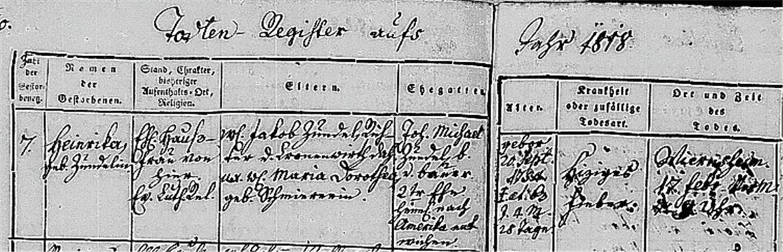 Als Heinrika Zundel stirbt, notiert der Pfarrer über ihren Mann: „heimlich nach Amerika entwichen“.