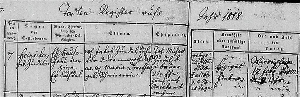 Als Heinrika Zundel stirbt, notiert der Pfarrer über ihren Mann: „heimlich nach Amerika entwichen“.