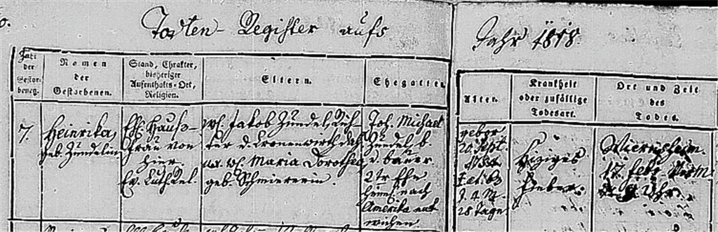 Als Heinrika Zundel stirbt, notiert der Pfarrer über ihren Mann: „heimlich nach Amerika entwichen“.