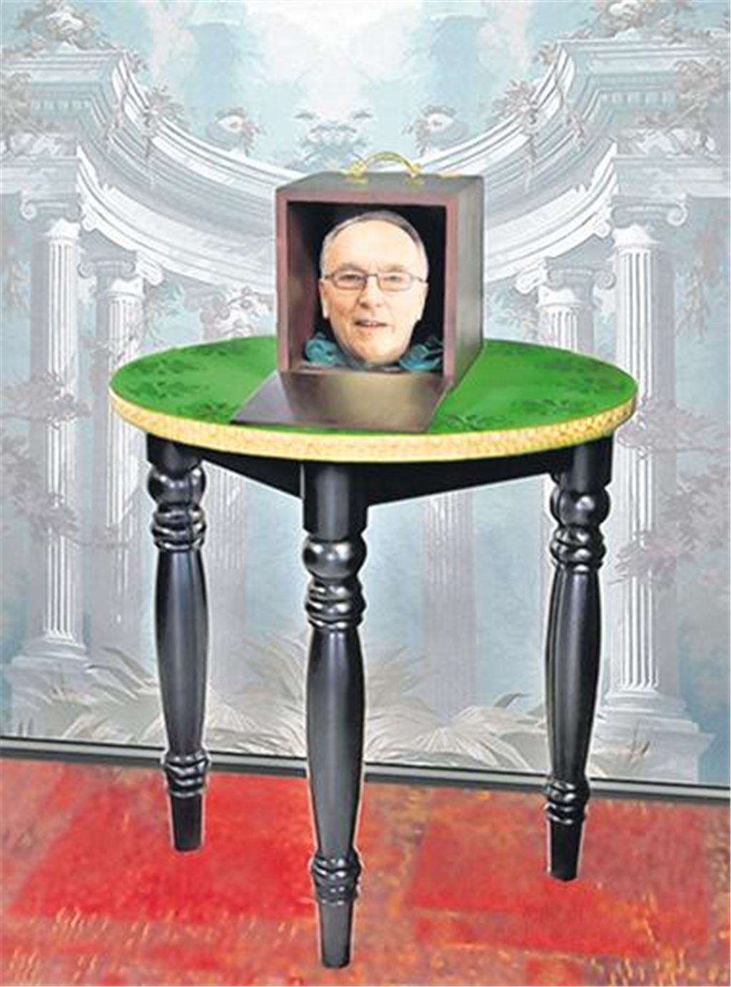 Als sprechender Kopf wird Jürgen F. Heinz bei der Magie im Mühlehof sein Publikum begrüßen. Dabei hilft der Zauberapparat eines Freundes. Foto: privat