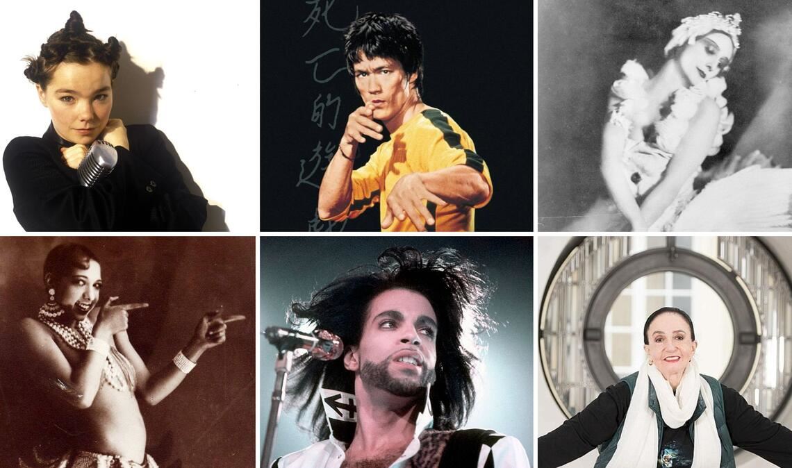Alte und neue Ikonen, die zum Auftakt des nächsten Colours-Festivals im Rampenlicht stehen: Sängerin Björk, Kampfkunststar Bruce Lee (Filmmotiv aus „Enter the Dragon“), Ballerina Anna Pavlova, Stuttgarts Ballettmuse Marcia Haydée, Popstar Prince, Revuetänzerin Josephine Baker (von links oben im Uhrzeigersinn)