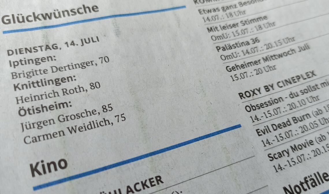 Altersjubilare aus Mühlacker erscheinen künftig nicht mehr in der Zeitung: Stadt Mühlacker beendet aus Datenschutzgründen und wegen des Aufwands eine beliebte Tradition. Foto: Disselhoff