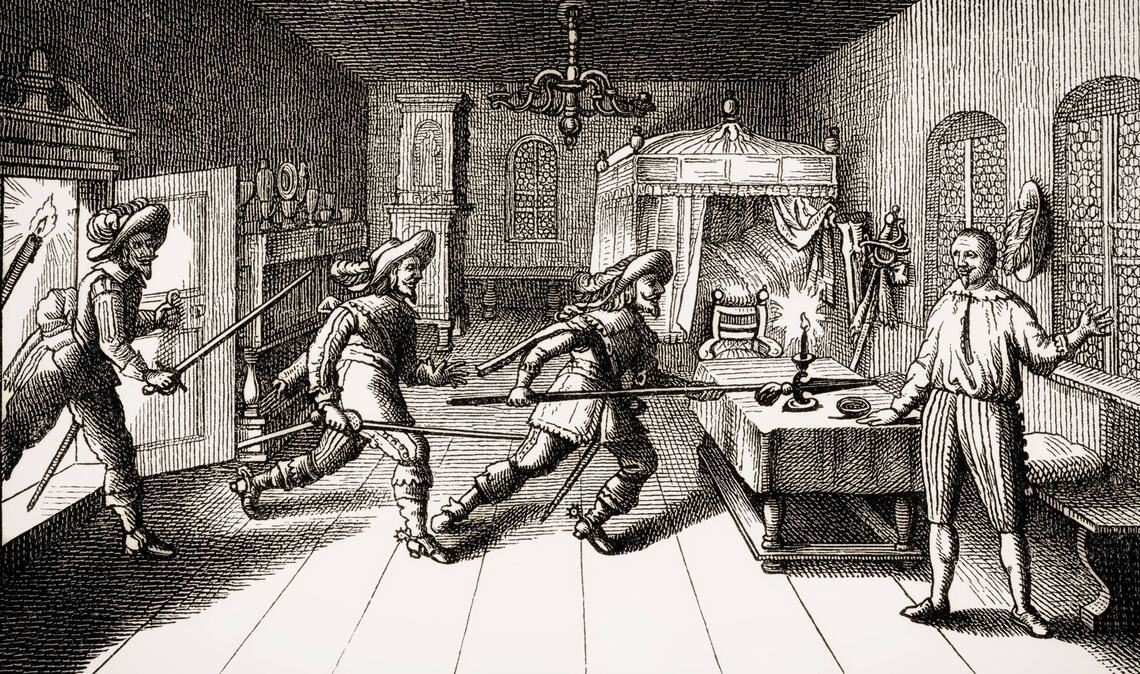 Am 25. Februar 1634 wird der abgesetzte kaiserliche Generalissimus Albrecht von Wallenstein von kaisertreuen Offizieren in Eger ermordet (Kupferstich eines anonymen Meisters).