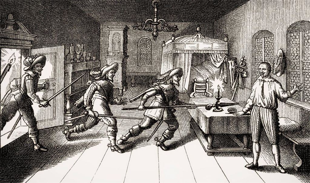 Am 25. Februar 1634 wird der abgesetzte kaiserliche Generalissimus Albrecht von Wallenstein von kaisertreuen Offizieren in Eger ermordet (Kupferstich eines anonymen Meisters).