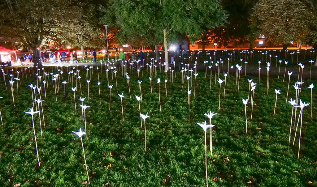 Am Abend hat sich ein beeindruckendes Meer aus 2000 Kranichen gebildet, die über den Pforzheimer Stadtpark verteilt sind und hier mehr ausstrahlen als nur Licht. Fotos: Friedrich