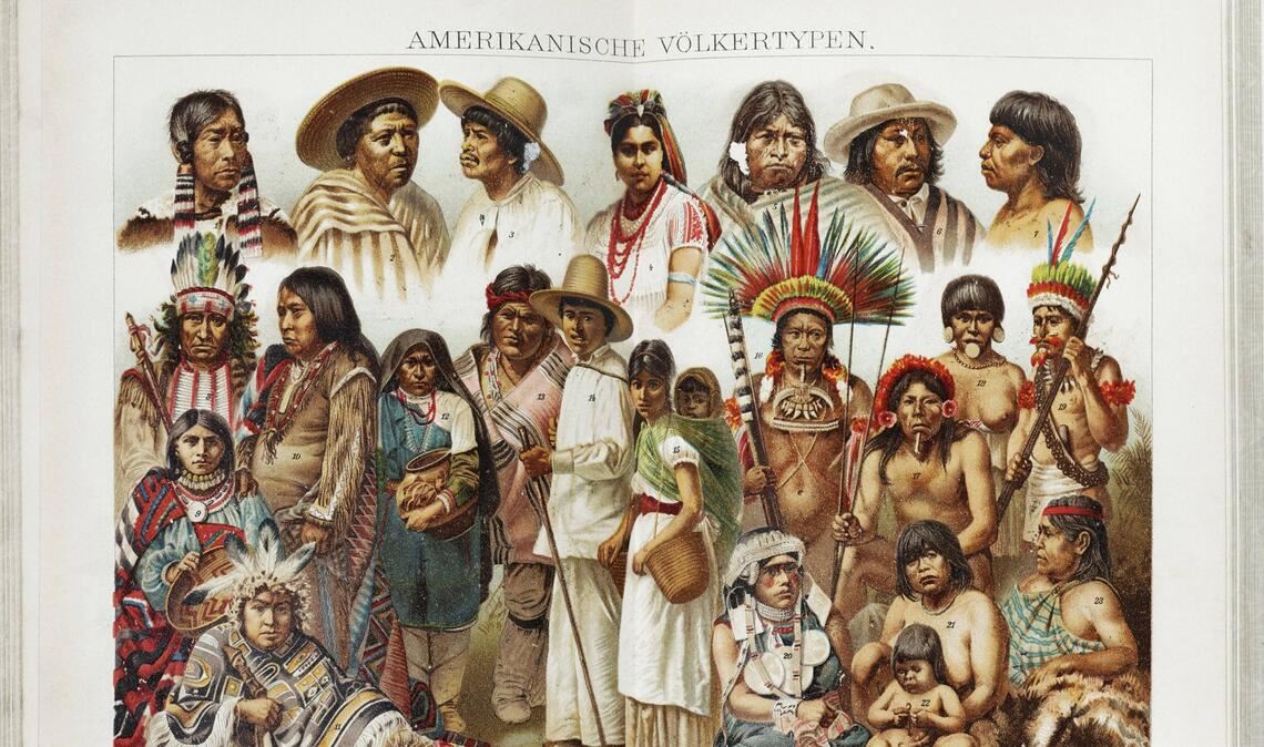 Amerikanische Völkertypen, indigene Bewohner Amerikas: Farblithografie aus dem Brockhaus Lexikon von 1908.