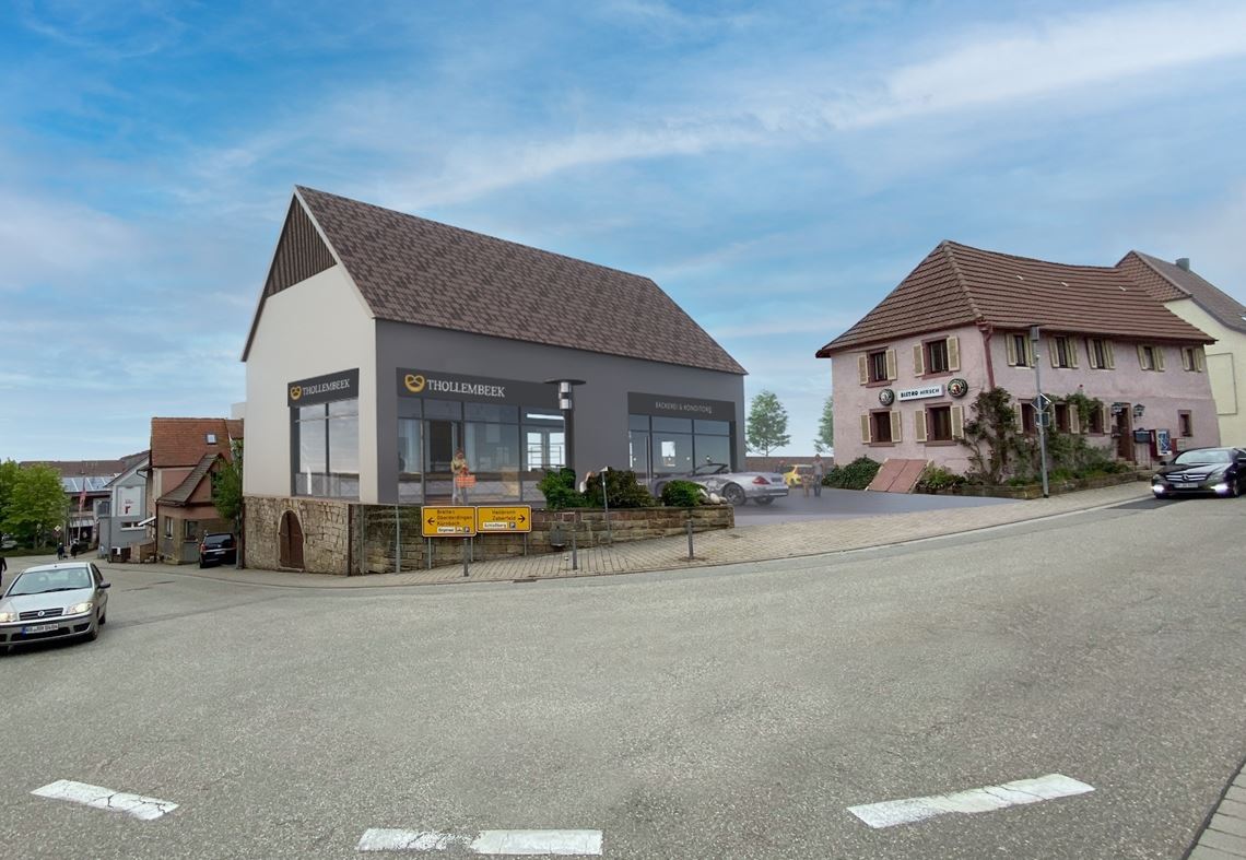 Großbäckerei baut Filiale in Sternenfels An der Heilbronner Straße, wo früher die Bäckerei Kössler ihre Brötchen verkauft hat, will nun die Thollembeek GmbH & Co. KG eine Filiale öffnen. Kritik aus dem Rat kam an den Plänen auf, weil der geplante Neubau ein Satteldach bekommen soll.Animation: Thollembeek/Foto: Huber