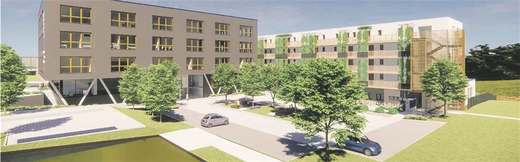 Animation des Gebäudekomplexes mit Ärztehaus, Personalwohnungen und Kindertagesstätte. Grafik: Mörk GmbH & Co.KG