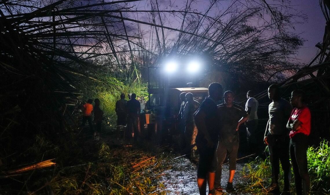 Arbeiter räumen umgestürzte Bäume und Trümmer beiseite.