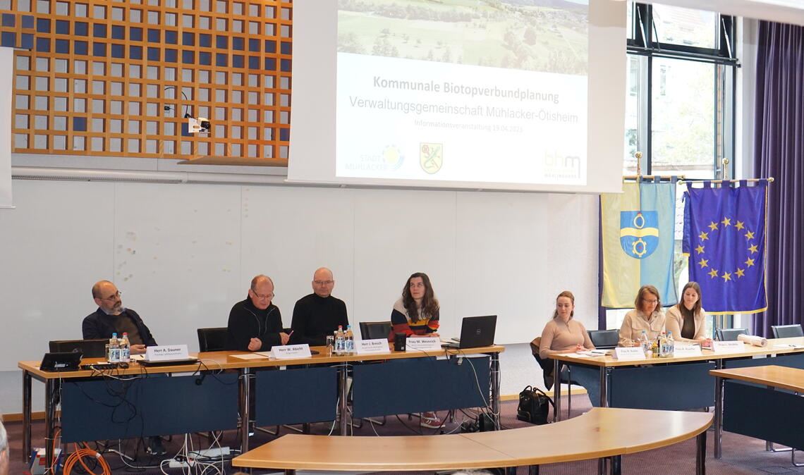 Armin Dauner vom Planungs- und Baurechtsamt der Stadt Mühlacker, Bürgermeister Winfried Abicht, Jochen Bresch und Maria Weinrich vom Büro BHM, Nena Raabe vom Landschaftserhaltungsverband, Annette Kusche vom Planungs- und Baurechtsamt und Lizandra Ströhle von der Gemeinde Ötisheim informieren über den Biotopschutz. Foto: Bastian