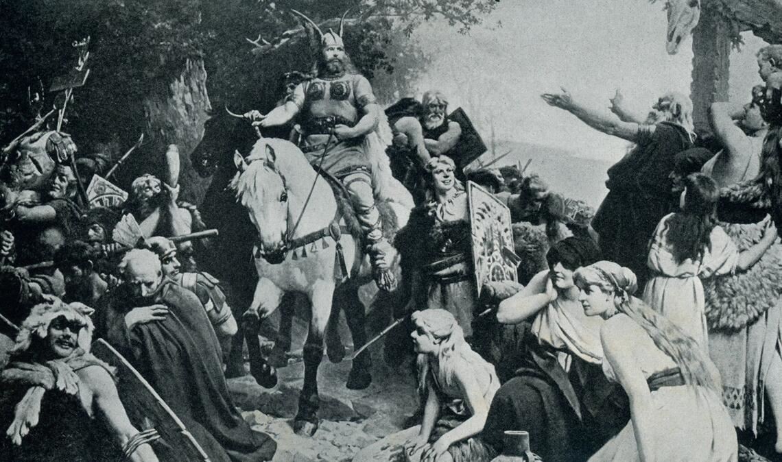 Arminius kehrt nach der Schlacht gegen die Römer im Jahr 9 n. Chr. heim (Druck um 1900).