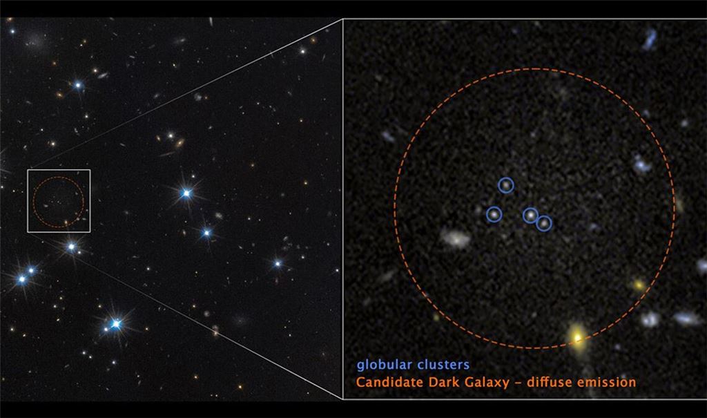 Astronomen haben die bisher extremste dunkle Galaxie entdeckt – sie besteht zu 99,9 Prozent aus Dunkler Materie. Erkennbar ist sie nur an vier Kugelsternhaufen (blaue Kreise).