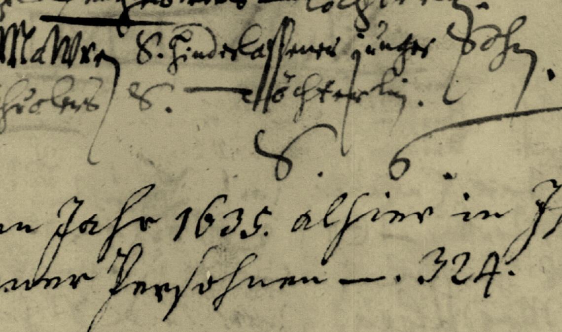 Auch in kleinen Dörfern, fernab von Kampfhandlungen, verursachte der Dreißigjährige Krieg Not und einen immensen Verlust von Menschenleben. Dieser Auszug aus dem Iptinger Kirchenbuch zeigt, dass im Ort allein im Jahr 1635 324 Bewohner starben. Scan: cb