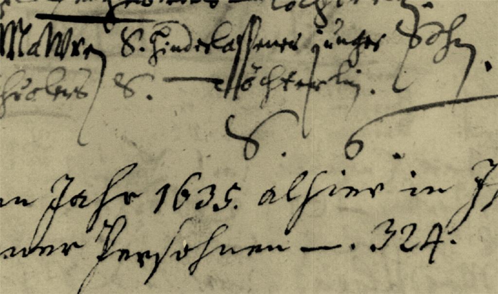 Auch in kleinen Dörfern, fernab von Kampfhandlungen, verursachte der Dreißigjährige Krieg Not und einen immensen Verlust von Menschenleben. Dieser Auszug aus dem Iptinger Kirchenbuch zeigt, dass im Ort allein im Jahr 1635 324 Bewohner starben. Scan: cb