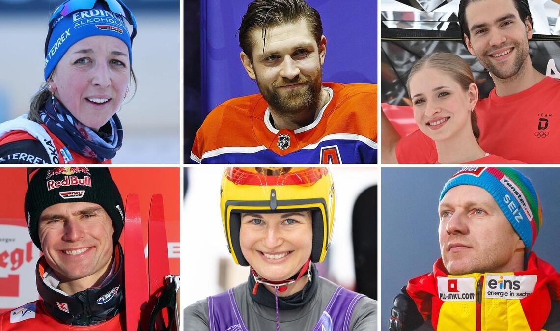 Auf Medaillenkurs: Franziska Preuß, Leon Draisaitl, Minerva Hase/Nikita Volodin (oben von links), Vinzenz Geiger, Julia Taubitz und Francesco Friedrich (unten von links) – weitere Infos gibt es in unserer Bildergalerie.