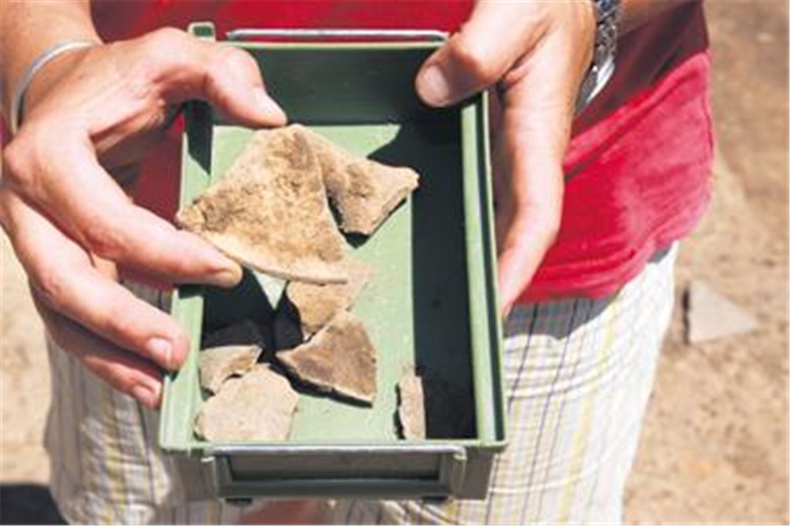 Auf dem rückwärtigen Grundstück des Gebäudes Hofstraße 17 sind Grabungsarbeiter auf Reste von so genannten Grubenhütten aus dem Mittelalter gestoßen. Aus jüngerer Zeit, vermutlich aus dem 16. Jahrhundert, stammen Scherben von Alltagsgegenständen aus Keramik (unser Bild). Die Erkundung des Dürrmenzer Untergrundes soll bis in den Sommer hinein fortgesetzt werden.
Fotos: Sadler