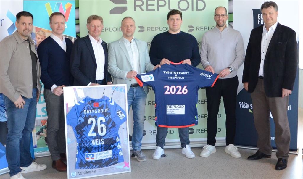 Auf eine gute Kooperation: (v. li.) Manuel Arzt (Vorstandsmitglied HSC Wels), Stefan Mayrhofer (Vorstandsmitglied HSC), Gerhard Kroiß (Vizebürgermeister Stadt Wels), Philip Pauer (Präsident HSC), Dominik Maric (Obmann HSC), Jürgen Schweikardt (Geschäftsführer TVB Stuttgart), Gerald Gabl (Vizepräsident des OÖHV).