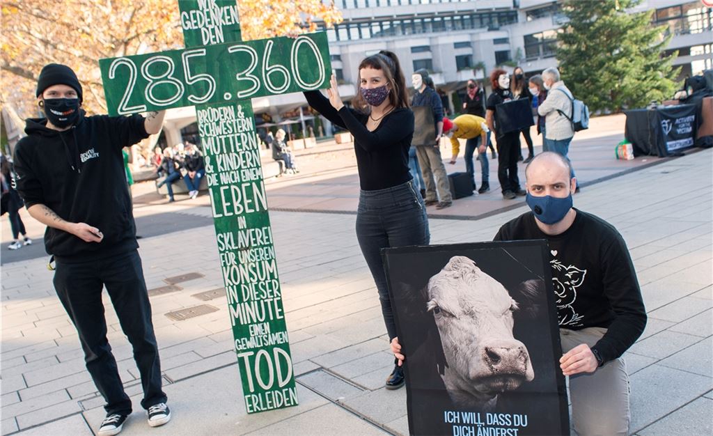 Auf über zwei Millionen Tiere, die täglich in Deutschland für den Fleischkonsum getötet würden, machen Bruce Jung, Melanie Knölker und Felix Strauß (v. li.) aufmerksam. Foto: Fotomoment