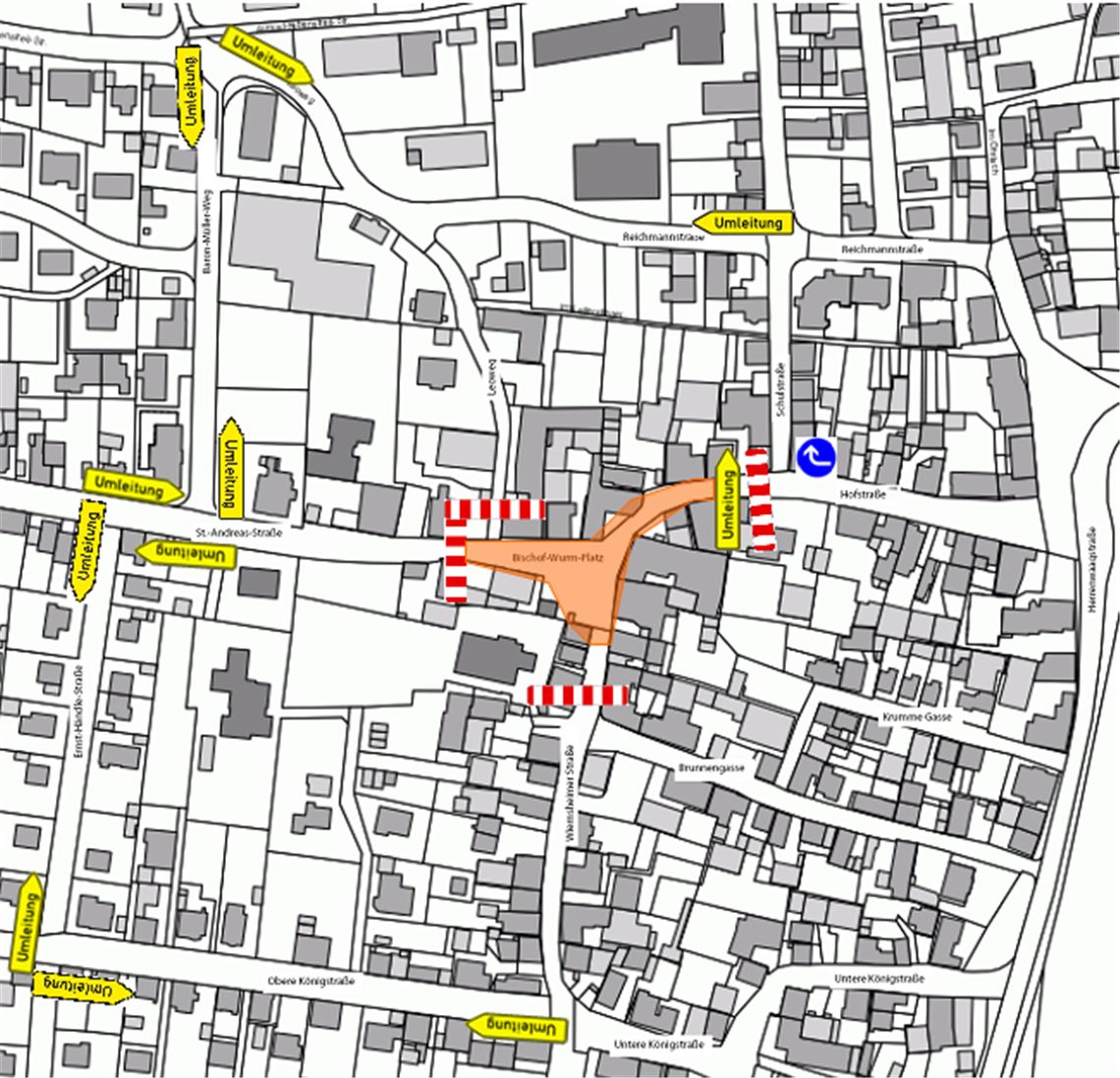 Ausgeschilderte Umleitungsstrecke auf Grund der Vollsperrung des Bischof-Wurm-Platzes. (Grafik: Stadt Mühlacker)
