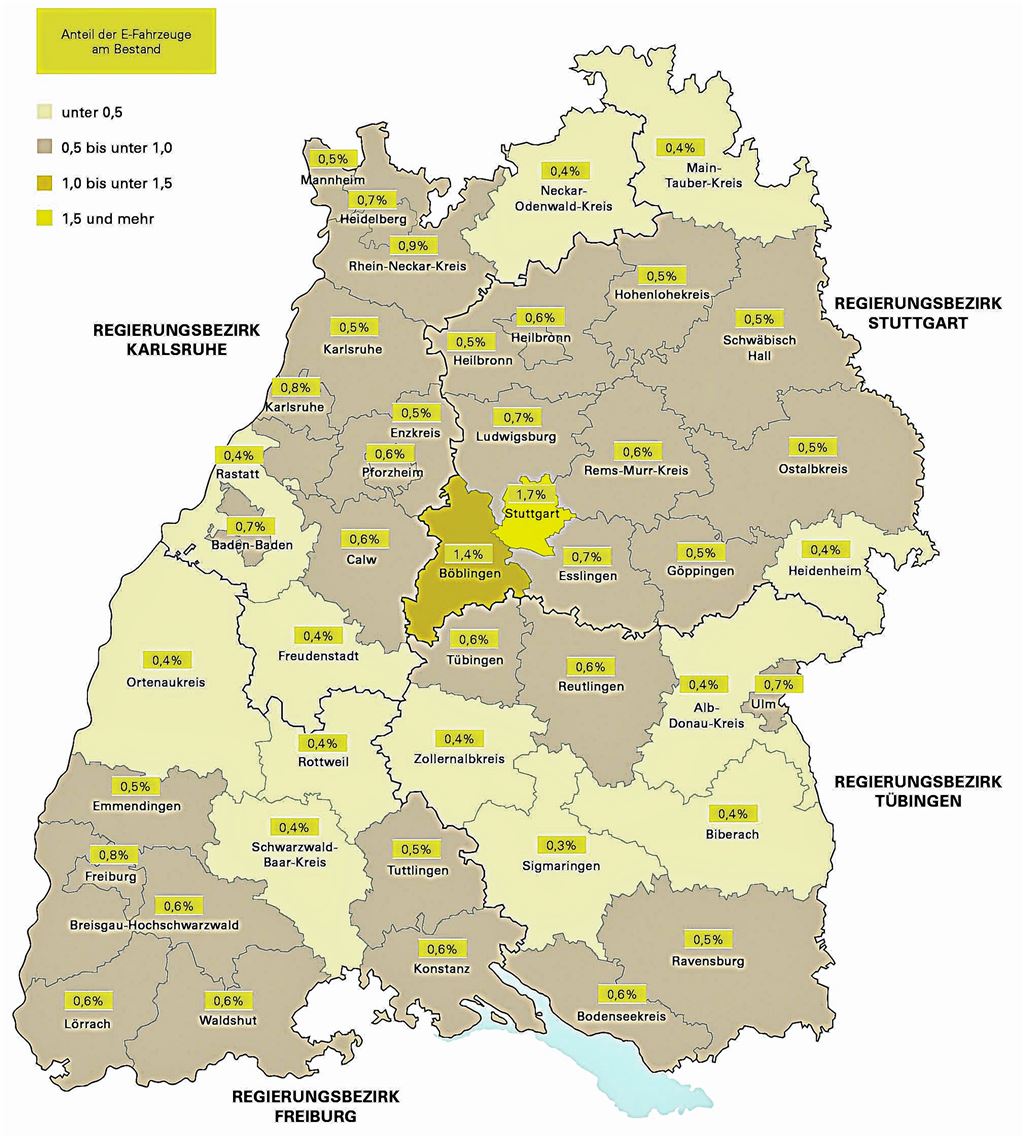 Auswertung der Anzahl von Elektrofahrzeugen nach Stadt- und Landkreisen in Baden-Württemberg (Stand: 1. Januar 2020).Grafik: Ministerium für Verkehr