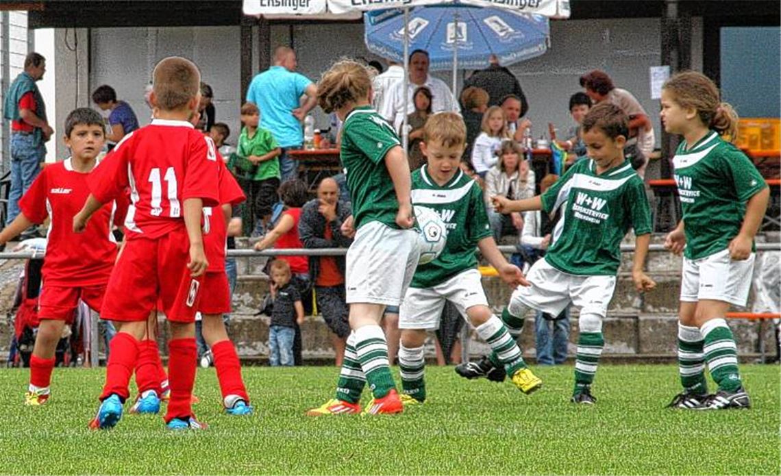 „Ballorientierte Raumdeckung“ von den Bambini (SV Iptingen in Grün gegen Spvgg Hirschlanden-Schöckingen) neu interpretiert: Alles ballt sich auf engstem Raum. Foto: Eigner