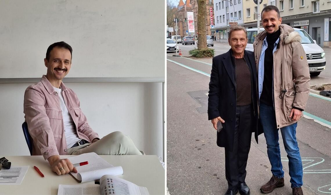 Bedirhan Bedir in seinem Klassenzimmer (links) und am Set mit Schauspieler Richy Müller.