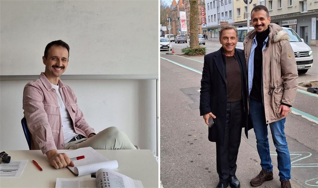 Bedirhan Bedir in seinem Klassenzimmer (links) und am Set mit Schauspieler Richy Müller.