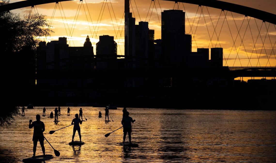 Bei Sicht auf die Skyline im letzten Licht des Tages fahren Stand-Up-Paddler in Nähe der Frankfurter Osthafenbrücke über den Main.