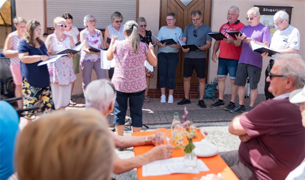 Beim Sommerfest am „Sängertreff“ des Gesangvereins „Eintracht“ Schmie unterhält der gemischte Chor die Gäste. Foto: Fotomoment