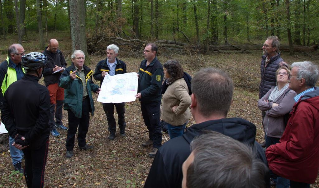 Beim Waldbegang 2020: Forsteinrichter Thomas Lehn, Forstamtsleiter Andreas Roth und Revierförster Bernd Obermeier (4. bis 6.v.li.) erläuterten damals, wie Naturverjüngung unter einem Schirmschlag im Eichenwald funktioniert. Foto: Helbig