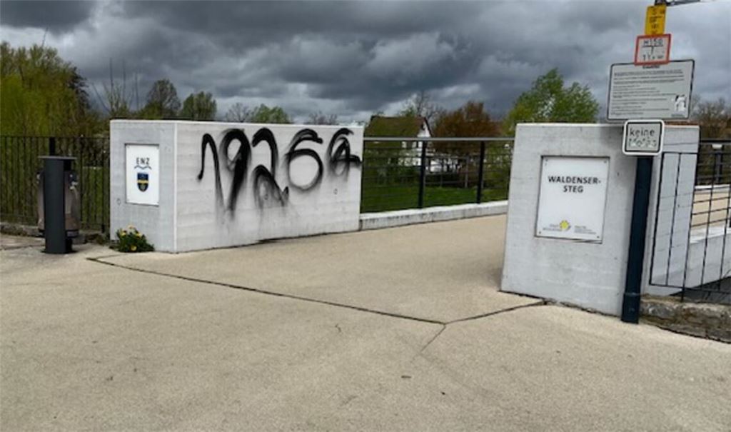 Beschmierter Waldensersteg: Stadtrat Rolf Leo und seine FW-Fraktion fordern Konsequenzen.Foto: privat