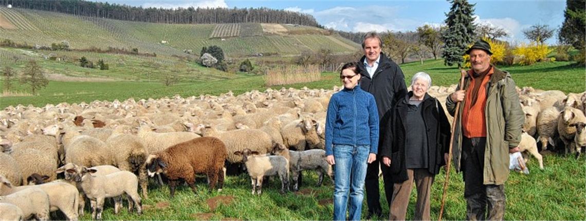 Besuch beim Wanderschäfer: Bürgermeister Heinz-Peter Hopp, seine Frau Susanne und Naturparkführerin Marie-Luise Jaggy tauschen sich mit Willy Schimpf aus. 
