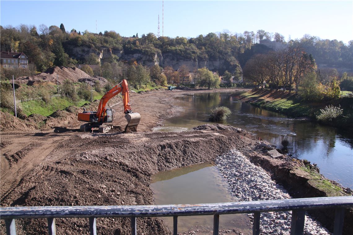 Auf dem Enzvorland wird weiter gebaggert. Die Arbeiten zur Umgestaltung des Ufers gehen planmäßig voran. Auch der vorübergehende Wintereinbruch hat keine Pause erzwungen.   Fotos: Sadler