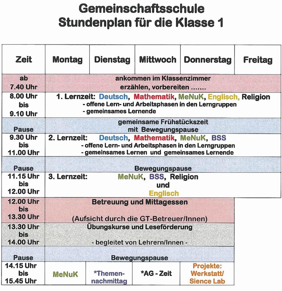 Stundenplan mit Lernzeiten und Lernjobs