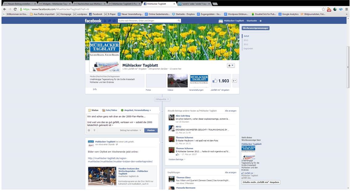 ... mit großen Schritten der Zahl 2000 entgegen: so viele Facebook-Freunde wird der Auftritt unserer Zeitung im sozialen Netzwerk Facebook bald verzeichnen. 