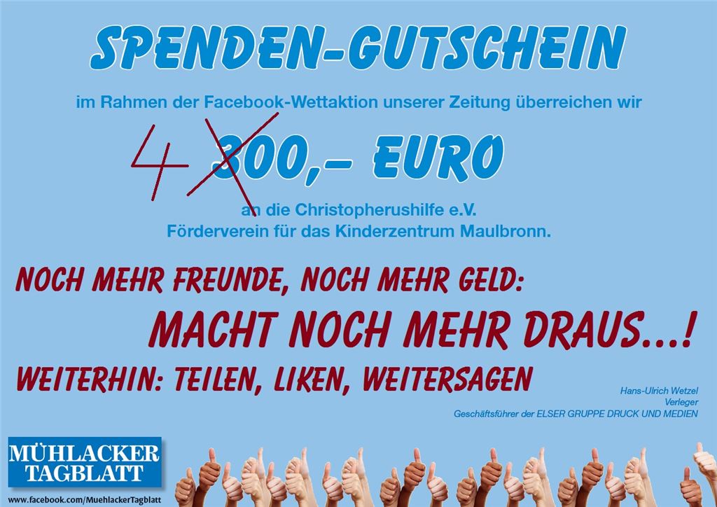 3000 Facebook-Fans waren das Ziel. Jetzt geht die Wett-Aktion in die zweite Runde. Sollte die Facebook-Fangemeinde des Mühlacker Tagblatt bis Ende des Jahres noch größer werden, erhöht sich auch der Spendenbeitrag von 300 Euro. 