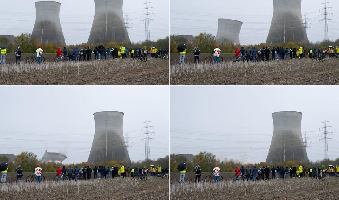 Bildkombo der Kühlturm-Sprengung in Gundremmingen.