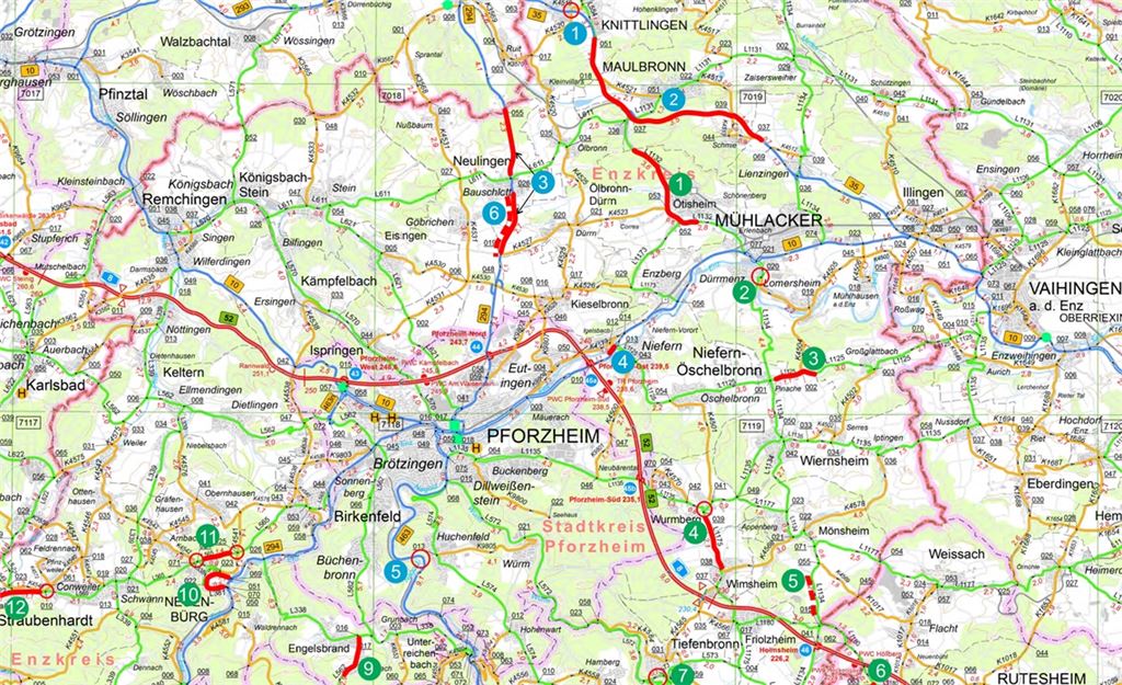 Blau dargestellt sind Maßnahmen des Bundes, grüne Punkte zeigen Maßnahmen des Landes, Beschreibungen siehe Text. Karte: RP Karlsruhe