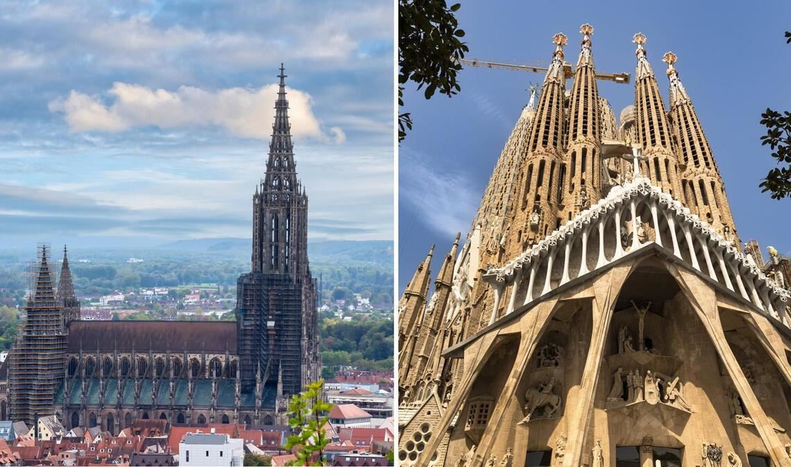 Blick auf das Ulmer Münster (links) und der neue höchste Kirchturm der Sagrada Família in Barcelona (rechts). (Archivbild).
