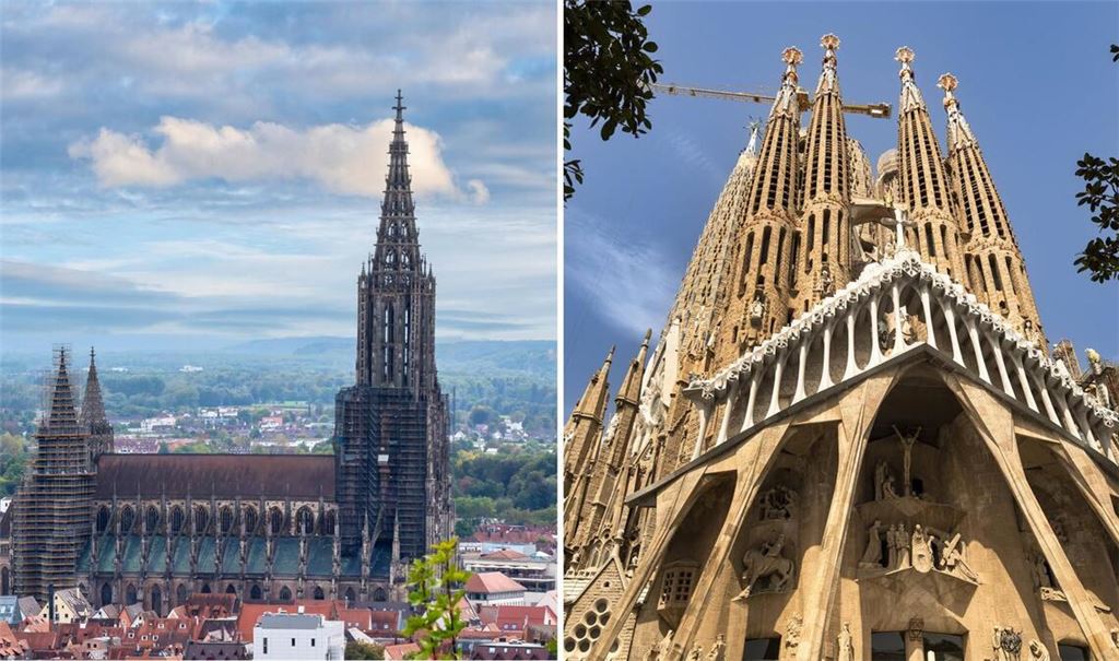 Blick auf das Ulmer Münster (links) und der neue höchste Kirchturm der Sagrada Família in Barcelona (rechts). (Archivbild).