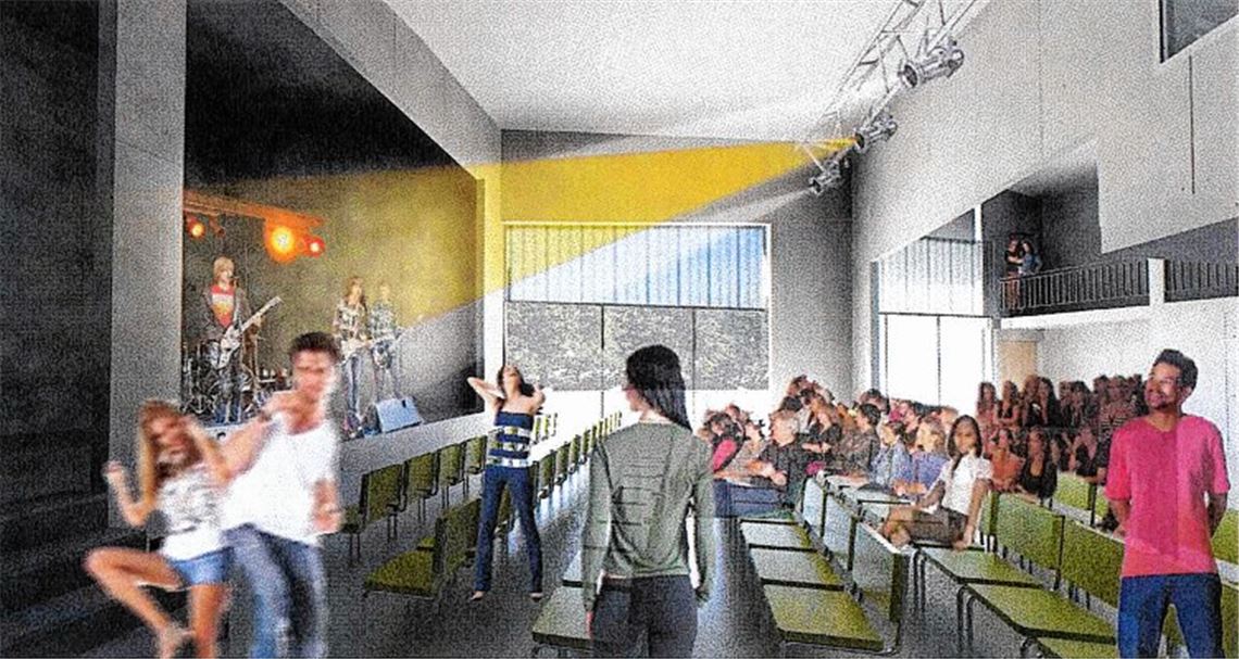 Blick in den Multifunktionsraum des künftigen Mühlacker Jugendhauses. Aus den beiden Raumbereichen kann eine Event-Arena mit 165 Sitzplätzen und bestem Blick zur Bühne werden. Animation: privat
